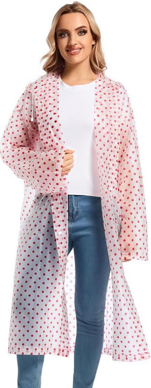 krystle Women EVA Transparent Rain Coat Hooded Outdoor Water Resistant Portable Raincoat Suit (Dot Print) (1Pc) (Universal, Red) (Multisize)-picture-38