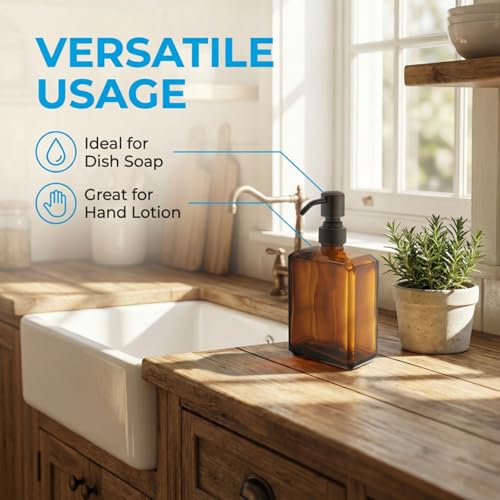 Image of Amber Soap Dispenser Square Bottle and Oil Rubbed Bronze Pump, Glass Dish Soap Dispenser with Stainless Steel Pump, 13.5 oz Lotion Dispenser for Bathroom, Kitchen Countertop