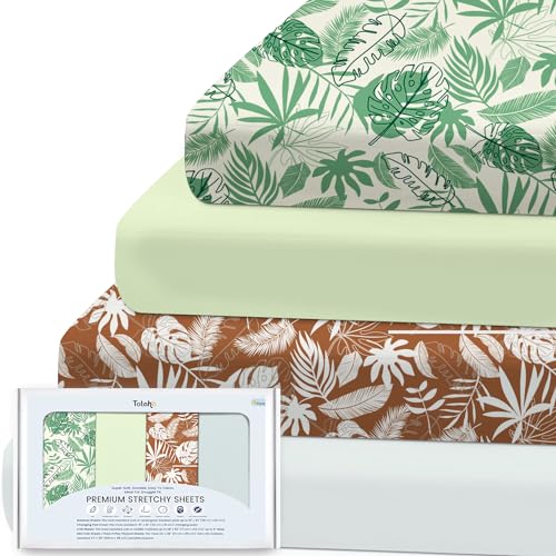 Image of TotAha Premium Stretchy Bassinet Sheets for Baby Girl Boy, Hypoallergenic, Buttery Soft, Silky Comfort Cradle Sheets Fitted 18 x 36 for Oval, Rectangular, Hourglass Mattress, 4-Pack(Botanical Green)