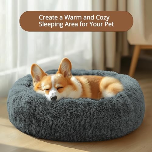 Image of JOLLYVOGUE Calming Dog Beds Large Sized Dog, 36in Donut Washable Large Pet Bed, Anti-Slip & Anti-Anxiety Fluffy Faux Fur Round Dogs Bed, Fits up to 80 lbs Pets (Navy Grey)