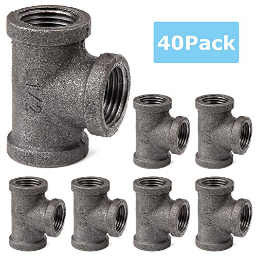 40 Packs 1/2\" Tee Pipe Fitting Black Cast Iron Tee Pipe Decor Plumbing Fittings Malleable Steel Industrial Pipe for DIY Furniture Decorative Shelving