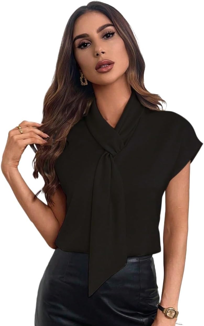 Women's Classic-Fit Shirt Color V-Neck Tie Batwing Sleeve Blouse