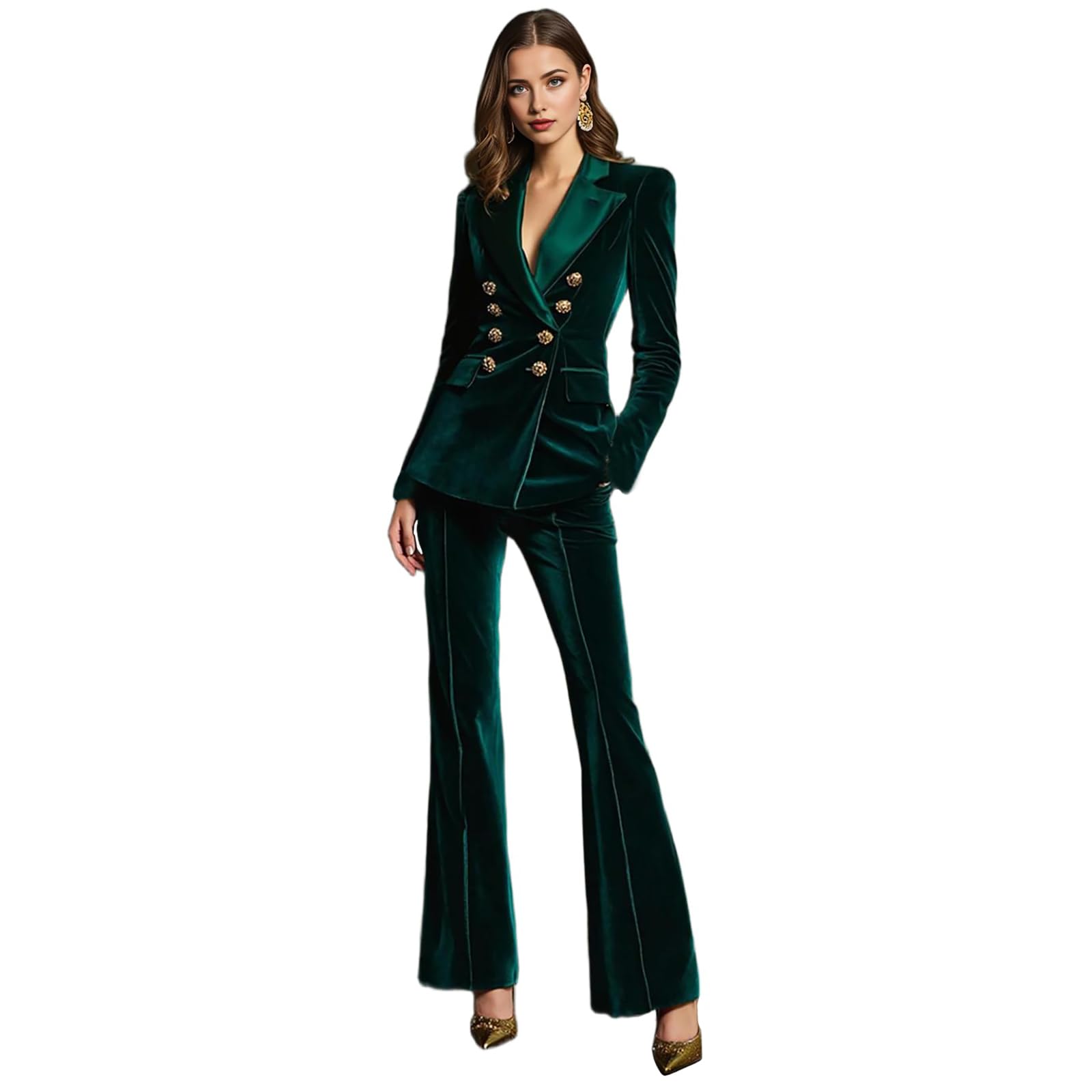 Velvet Pants Suit for Women 2 Pieces Double Breasted Casual Womens Suits Peaked Lapel Long Sleeves Business Suits