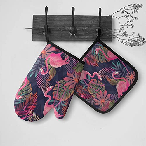 Perinsto Pink Flamingos Tropical Palm Leaves Oven Mitts & Pot Holders Kitchen Set Heat Resistant Decorative Cooking Gloves Microwave Oven Gloves For Baking Grilling Bbq #TOP5