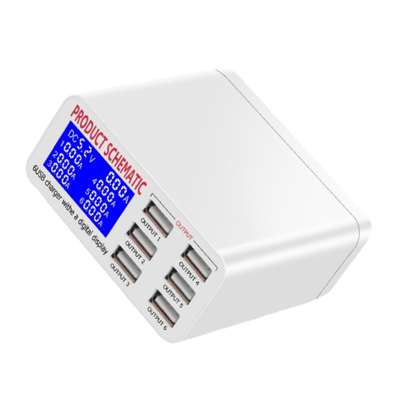 LALAFINA Estación de Carga Inteligente USB 6 Puertos para Múltiples Dispositivos, Usuarios Domésticos y Viajeros, Pantalla LCD, Protección contra Sobrecargas, Compacto, Adaptador Europeo