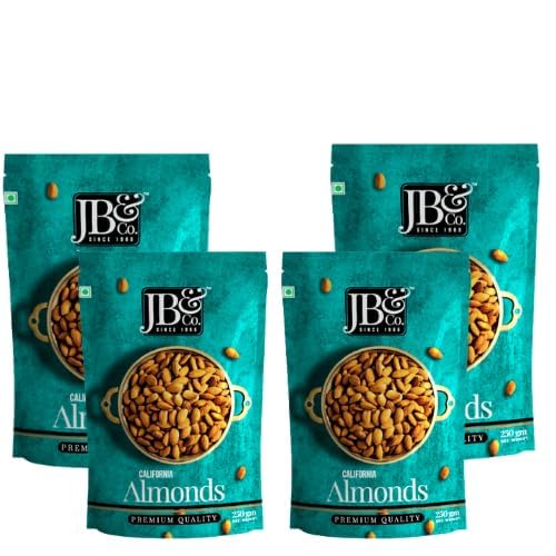 Image of JB&CO 100% Natural California Almonds 1kg, High In Fiber, Nuts & Dry Fruits Premium California almonds, ziplock pouch, Badam beej, bedana, almond kernel. Bold size, in convenient packs of 250g X 4