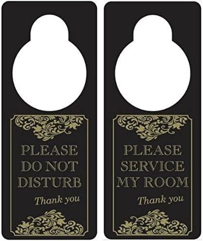 SecurePro Signs Do Not Disturb/Please Service Room Premium Quality PVC Door Hanger; Metallic Gold Text on Solid Black Background; 3.25" Wide x 8" Tall (25)