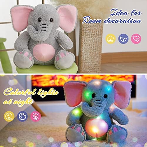 WEWILL Glow Elephant Stuffed Animals LED Cozy Soft Plush Toys Night Companion Gifts for Kids Birthday Christmas Festival Occasions, Gray, 13 inch 6 51qPb5jfFFL. AC