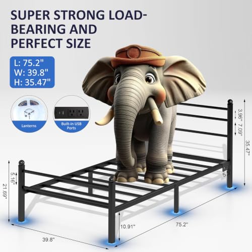 Image of J.Fkne Twin Bed Frames with LED Lights & Charging Station, Platform Bed with Headboard, Heavy Duty Metal Slats Support, No Box Spring Needed, Noise Free, Easy Assembly