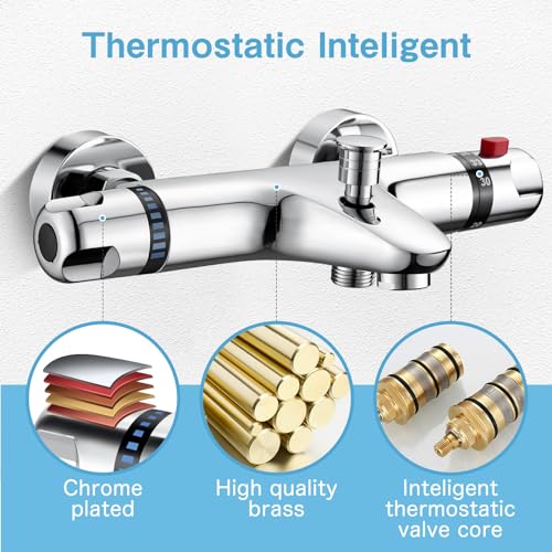 ROWINNAO Bath Tap with Thermostat, Surface-Mounted Bath Tap with Thermostat, Chrome Mixer Tap, Shower Thermostat - Image 2