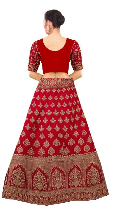 Image of Women's Satin Embroidered Semi Stitched Lehenga Choli With Net Duptta (1 Lehenga, 1 Choli, 1 Dupatta)