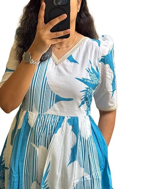 hbkart Women's Floral Print Midi Dress, Puff Sleeves, Tiered Skirt, V-Neck, Casual Wear (in, Alpha, 2XL, Blue)-picture-30