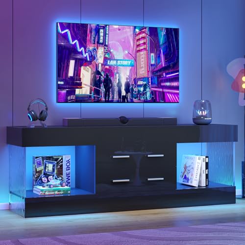 Image of Bestier 60 Inch Black TV Stand for 65 Inch TV, LED Entertainment Center | High Gloss Black Finish, Stone Pattern Panels, LED Lights, 2 Large Storage Drawer, Living Room Media Console