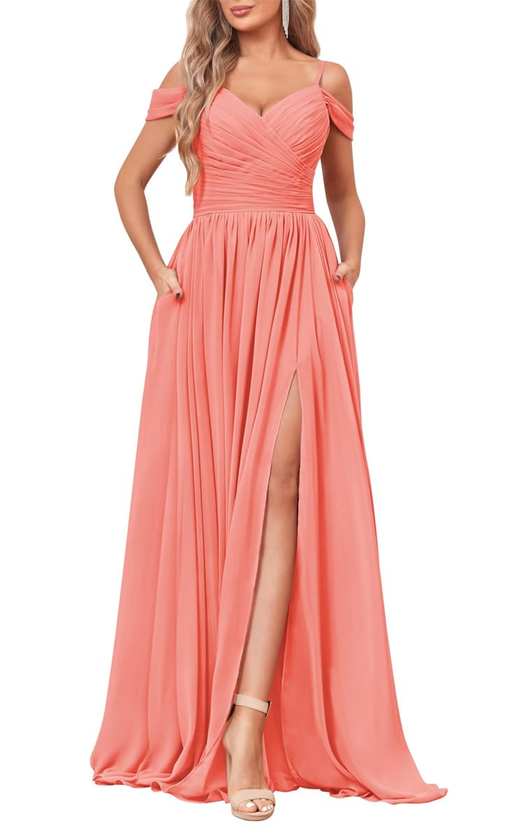 YIANN Women's Cold Shoulder Dress Modest Bridesmaid Dress with Pockets Wrap Slit Long Formal Dress Coral UK22