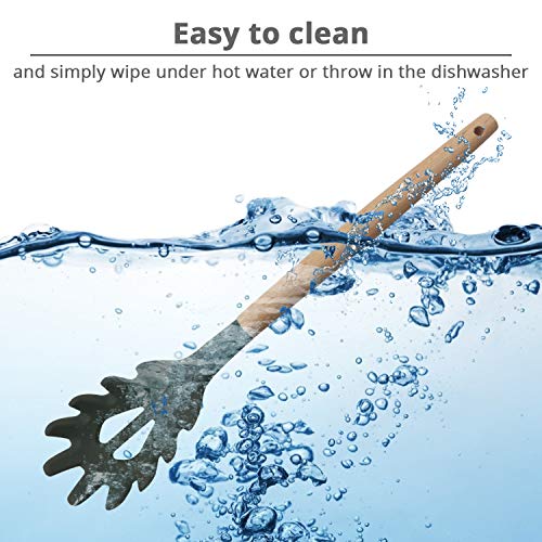 Kufung Silicone Pasta Fork (12"), Food Grade Noodle Spoon With Natural Wooden Handle, Bpa Free, Spaghetti Strainer & Server Spoon (12 Inch, Gray) #TOP4