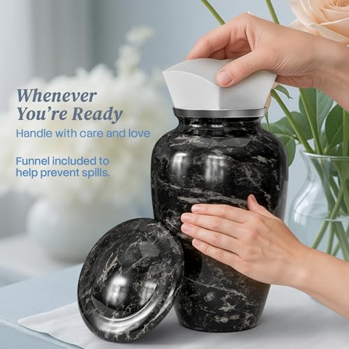 Image of Large Handcrafted Urn for Ashes Adult Male and Female - Cremation Urns for Human Ashes Adult Man and Woman - Decorative Funeral Urns - Memorial Urn with Black Marble Finish - Large (10.5 inch H x 6.25 inch W)