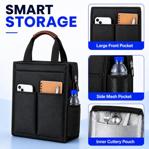 Image of Eightiz Thermal Insulated Lunch Bag for Women & Men Waterproof Soft Cooler Tote Leakproof Reusable Lunch Box Bag with Storage Pocket Ideal for Office, Travel, Picnic (Black)