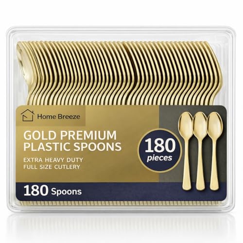 180 Count Gold Plastic Spoons Heavy Duty Disposable BPA-Free Solid and Durable Premium Plastic Silverware Disposable Spoons for Party Wedding Baby Shower