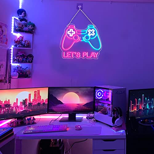 Image of Lingqiang Gaming Neon Sign, Lets Play Game Led Sign for Boys Gamer Room Decor, Video Game Controller Light Game Zone Bedroom Wall Gamepad Shape Kids Teen Gift, Ice Blue Pink - Game Controller