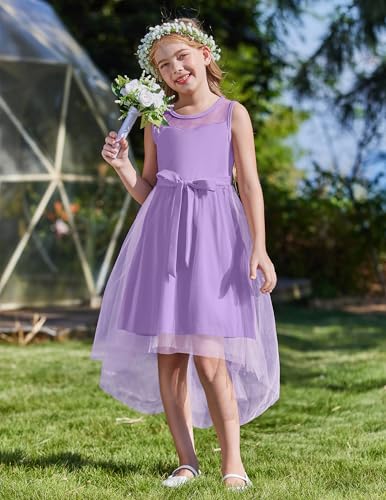 Image of Arshiner Girls Dresses Formal Party Wedding Tulle Sleeveless Contrast Mesh High Low Dress with Belt