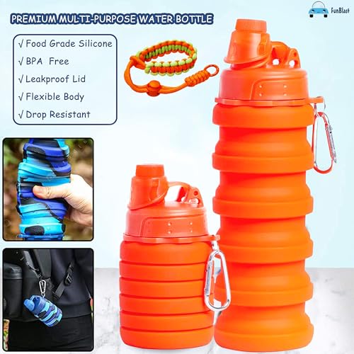 Image of FunBlast Silicone Sipper Bottle Bottle - 500 ML, Expandable Water Bottle for Home, Office, Gym, Trekking, BPA Free Food-Grade Collapsible Leak Proof Portable Travel Water Bottle (Orange)