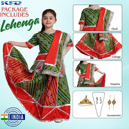 Image of Kaku Fancy Dresses Traditional Radha Costume for Girls - Red & Yellow Lehenga Choli with Dupatta | Indian Mythological Fancy Dress for Janmashtami - 14-17 Years