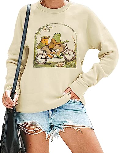 QIANRUO Frog Sweatshirt for Women Classic Book T-Shirt Vintage Graphic Tee Book Lovers Shirt Funny Teacher Pullover Tops (M Apricot)