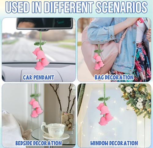 Image of VRB Dec 1 Pcs Crochet Flower for car Dashboard Decoration Items,Car Hanging Crochet Flower,Sunflower Decoration for Car,Car Mirror Hanging Accessories, (Hanging Tulip Pink Crochet - 1 Pcs)
