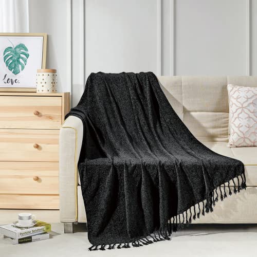 Couverture chenille noire 127x152 cm Bourina avec franges pour canapé et fauteuil - 2