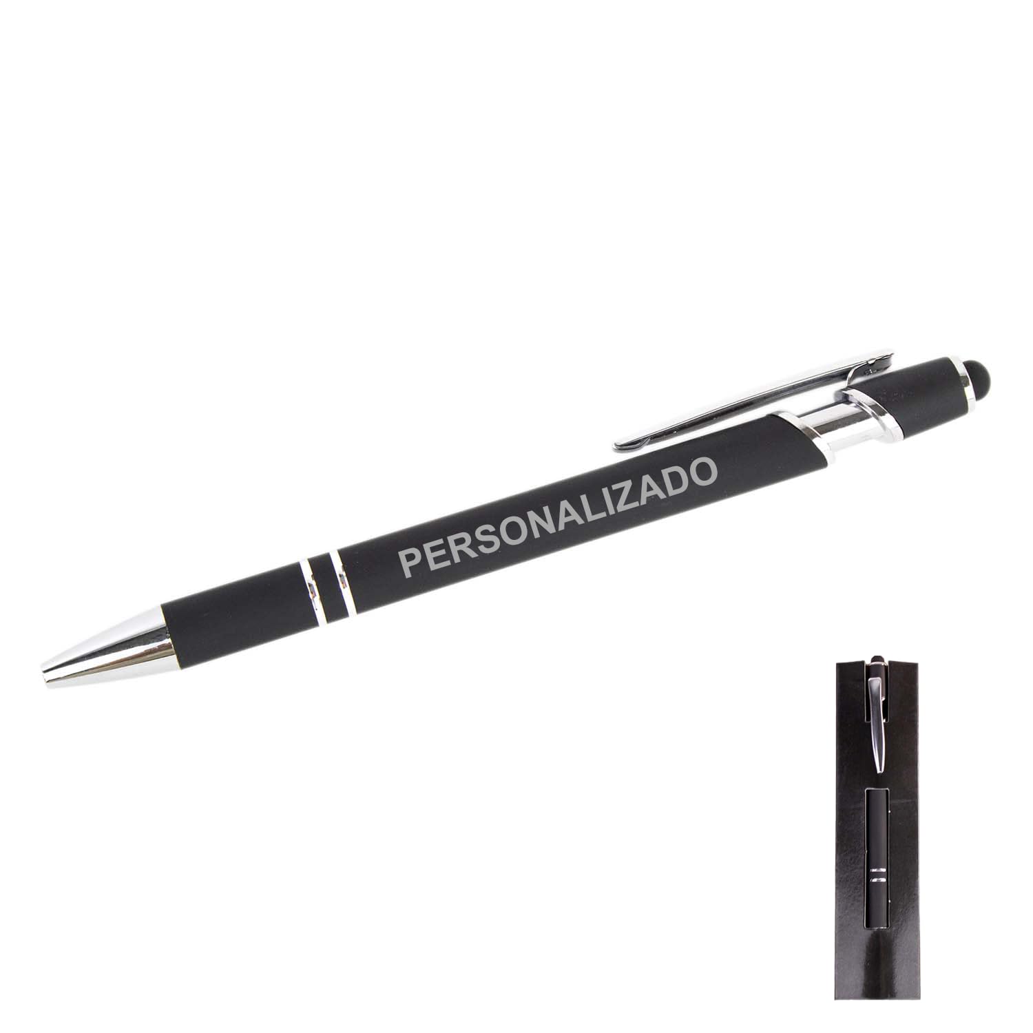 PROMO SHOP Elegante Boligrafo para Regalar PERSONALIZADO (Nombre o Texto) · Boligrafo Negro Metálico y Puntero para Dispositivos Moviles · Este Boli Personalizado Incluye Estuche Individual Exclusivo