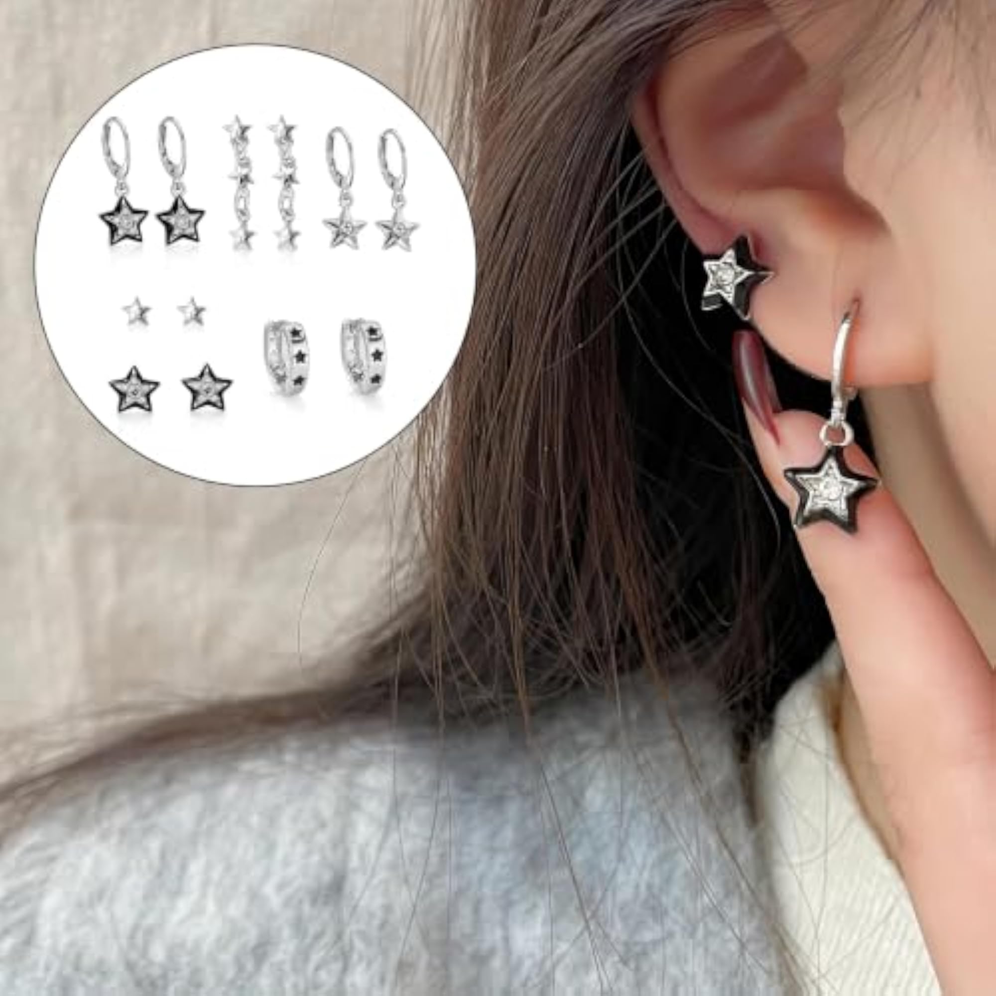 12Pcs Y2K Silver Earrings Set with Sparkling Rhinestones
