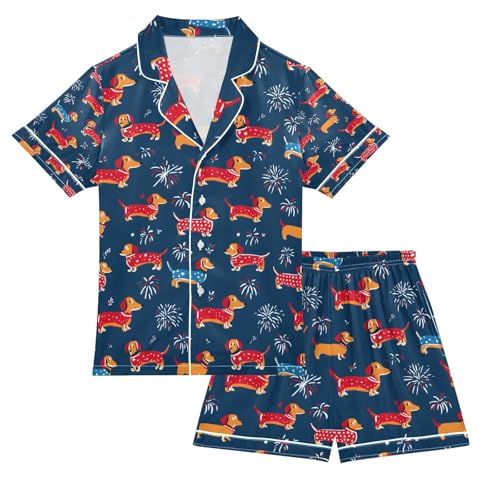 senya Dachshund Dogs Firework Satin Summer Pajama Sets Silk Short Sleeve Button Down Sleepwear