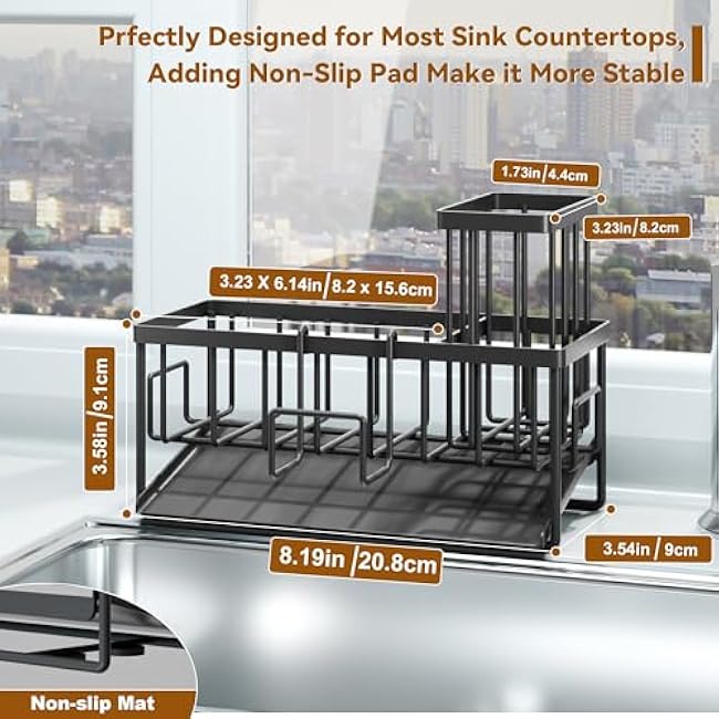 Sink Caddy Organzier, Sponge Holder for Kitchen Sink with Brush Holder and Self Drain Tray, Dish Soap Dispenser Caddy for Home Kitchen Organizers and Storage Decor Essentials Accessories