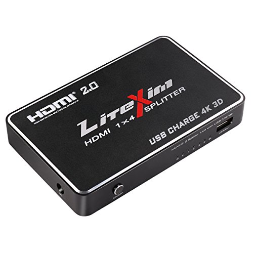 HDMI 2.0 Splitter, LiteXim 1x4 HDMI Splitter with USB Charge Powered HDMI Splitter Amplifier 1 In 4 Out Signal Distributor Certified for 4k x 2K@60Hz & 3D Support