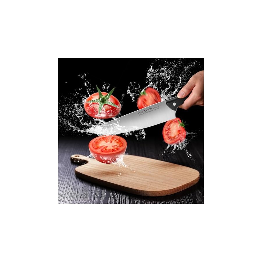 HAUSHOF 14 PCS Kitchen Knife Set With Block Wooden, Razor-Sharp Stainless Steel, Forged Triple Rivet, Chefs, Santoku, Slicing, Utility & 6 Steak Knives, Black