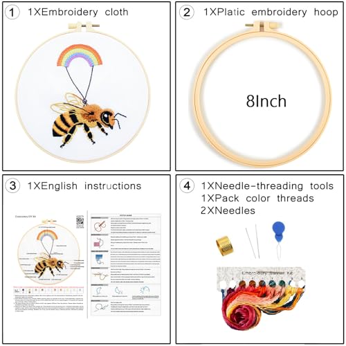 Image of Crafmanoe Cute Bees Embroidery Kits for Beginners Adults, Hand Embroidery Starters Kits, Stamped Cross Stitch Kits DIY Needlepoint Kits for Beginners Adults, Embroidery Hoop, Thread and Video Tutorial