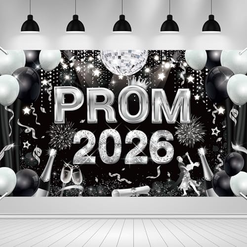 HOWAF Prom 2026 Banner Large Black Silver Prom Banner 2026 Fabric Graduation Banner graduation Backdrop Photo Booth Props Photo Backdrop for prom Decorations 2026 Graduation Decorations 2026