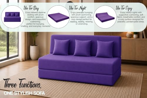 Image of Sofa Cum Bed with Jute Fabric, Convertible Three Seater Sofa Bed 5x6 Ft, Comfortable Cushioned Seating, Space Saving Design for Living Room, Bedroom & Guest Room - Purple Color