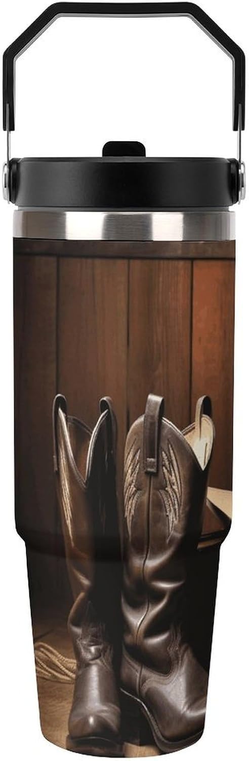 30oz Insulated Tumblers with Top Handle, Stainless Steel Cowboy Black Hat Western Boots Car Cup with Straw for Gift, Leak-Proof Double Wall Vacuum Travel Mug, Personalized Water Bottles Black