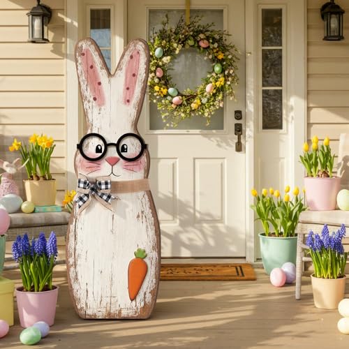 Yerliker 35 Inch Easter Wooden Porch Sign Wooden Bunny Standing