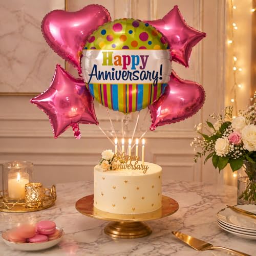 Image of Wanna Party Happy Anniversary Foil Balloon Set of 5 for Decoration | 1 Round Anniversary Balloon (18 Inch) + 2 Pink Heart Balloons + 2 Pink Star Balloons | Helium Supported Party Decor