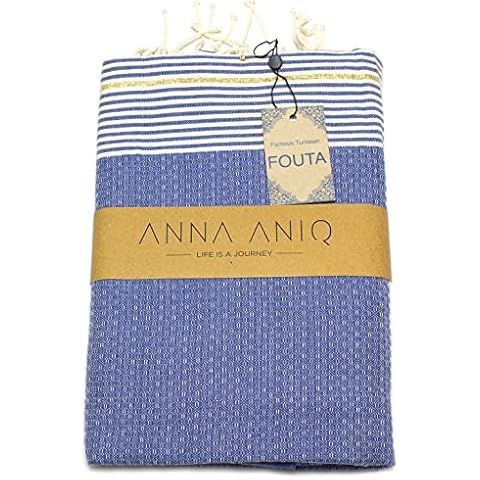 ANNA ANIQ Sauna Towel XXL Extra Large 197 x 100 cm 100% Cotton Fouta Hammam Towel Picnic Yoga Shawl Oriental from Tunisia as a Beach Towel Bath Towel, Pestemal, Beach Towel blue Cover