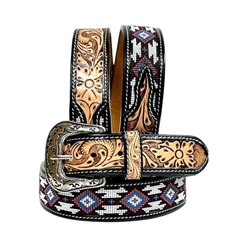 Western Leather Beaded Tooled Belt with Removable Buckle 30IS102
