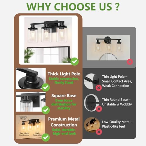Image of DORESshop Bathroom Vanity Light Fixtures Over Mirror Modern Black 3 Light
