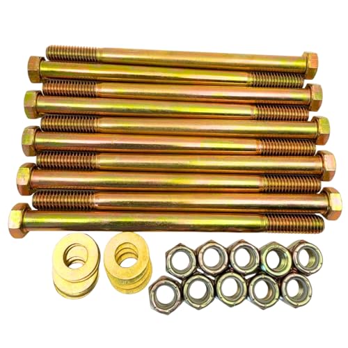Image of 3 /8 inch-16 x 5-1 /2 inch Grade 8 Bolts (10-Pack) - Heavy-Duty Hex Bolts Includes Flat Washers & Nylon Lock Nuts - High-Strength SAE Anti-Vibration 5.5 inch Coarse Bolts for Automotive, Machinery & Construction