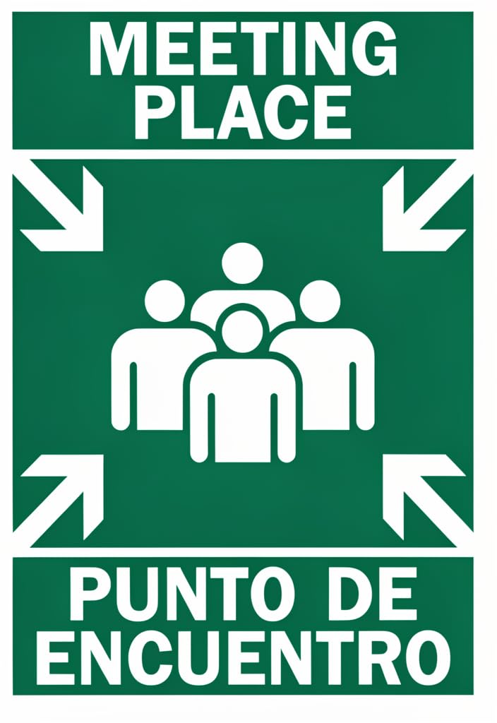 peiyeety Meeting Place Tin Sign 12x8 Inch, Bilingual Emergency Gathering Point Wall Decor, Green & White Metal Plaque for Home, Office, School, Warehouse, Safety Signage Gift