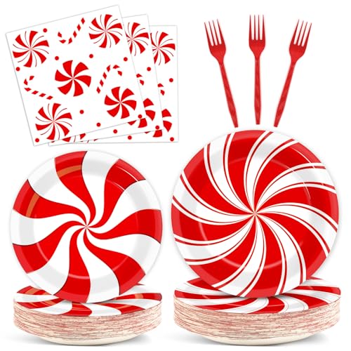 96pcs Christmas Peppermint Candy Paper Plates Party Supplies Tableware Set Candy Mint Party Supplies for Holiday Xmas Red and White Striped Peppermint Disposable Dinnerware Decorations 24 Guest