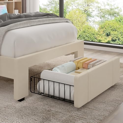 Image of VECELO Twin Size Upholstered Bed Frame with Drawer and Headboard, Velvet Platform Storage Bedframe, Wooden Slats Support, No Box Spring Needed,Bone Beige