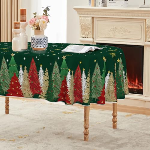 Horaldaily Christmas Tablecloth 60 x 84 Inch Oval Christmas Trees Green