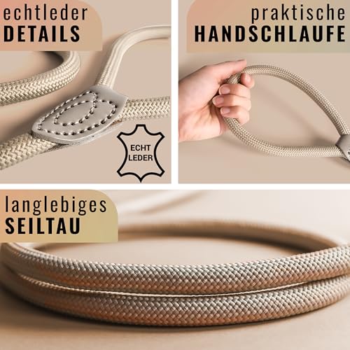 Retrieverleine 150 cm für große & kleine Hunde – Halsband mit integrierter Leine – Slip Leash & Trainingsleine Hund – Führungsleine für Labrador & Retriever - Ruckdämpfer (Taupe, ab 15 Kg)